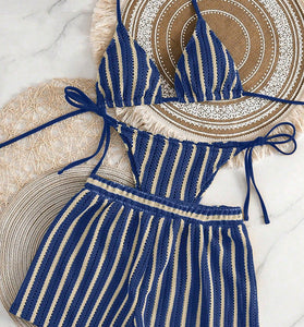 Striped Bikini Set with Stylish Cover-Up