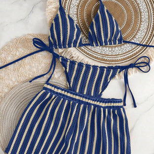 Striped Bikini Set with Stylish Cover-Up