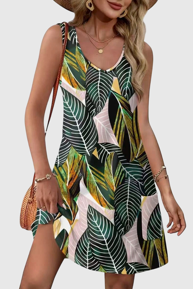 Sleeveless Leaf Print Casual Dress