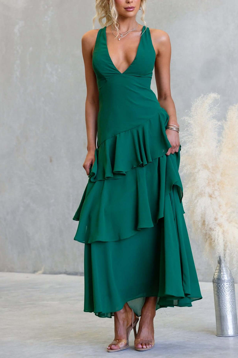 Tiered Sleeveless V-Neck Maxi Dress