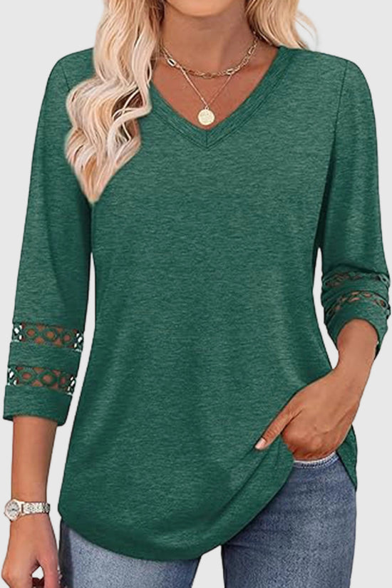 V-Neck Lace Sleeve Casual Top