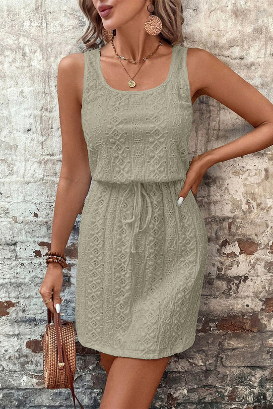 Square Neck Drawstring Eyelet Mini Dress
