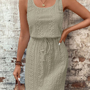 Square Neck Drawstring Eyelet Mini Dress