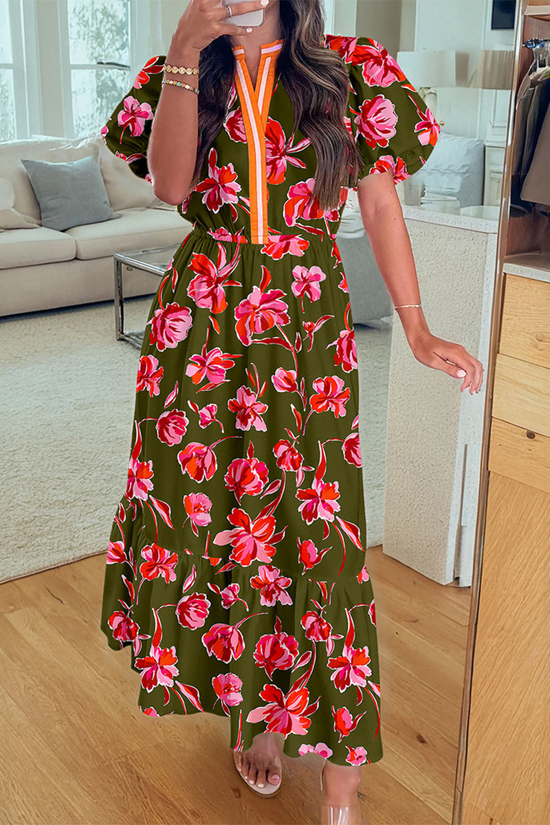 Floral Puff Sleeve Tiered Maxi Dress