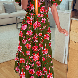 Floral Puff Sleeve Tiered Maxi Dress