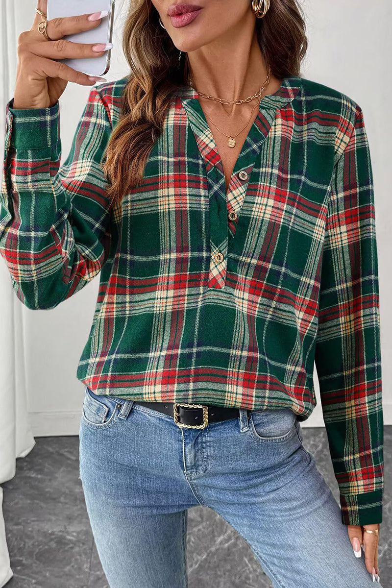 Plaid Button-Up Casual Blouse