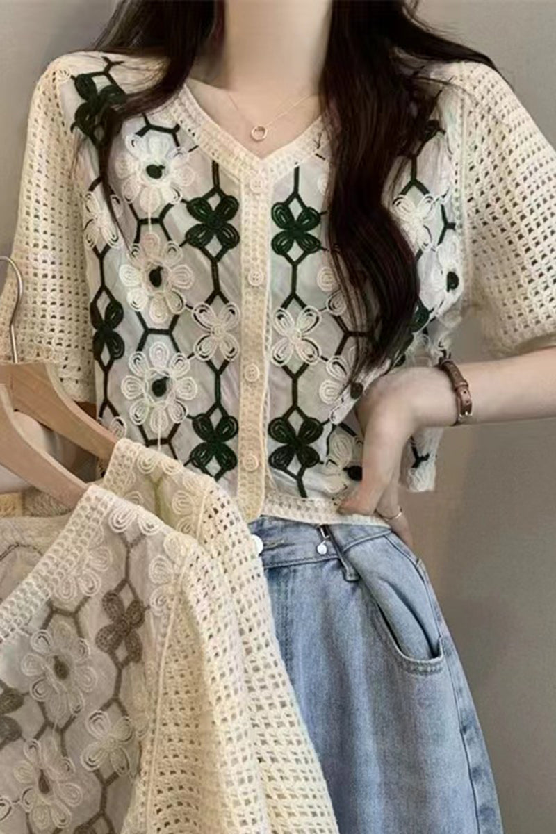 Floral Short Sleeve Button-Front Top