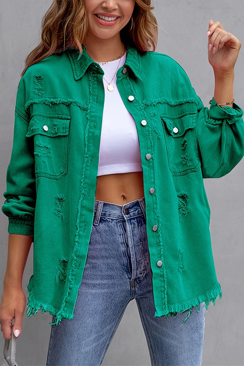 Distressed Denim Jacket with Frayed Hem