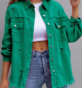Distressed Denim Jacket with Frayed Hem