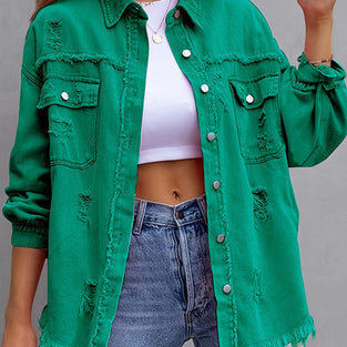 Distressed Denim Jacket with Frayed Hem