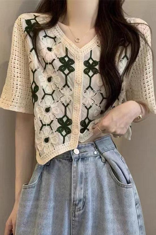 Floral Short Sleeve Button-Front Top