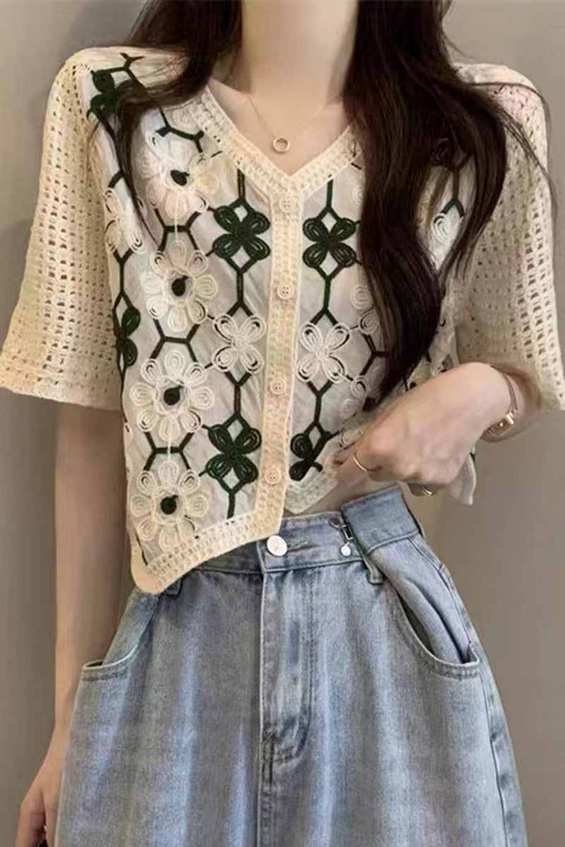 Floral Short Sleeve Button-Front Top
