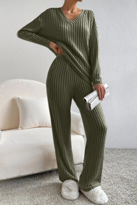Ribbed V-Neck Pants Set