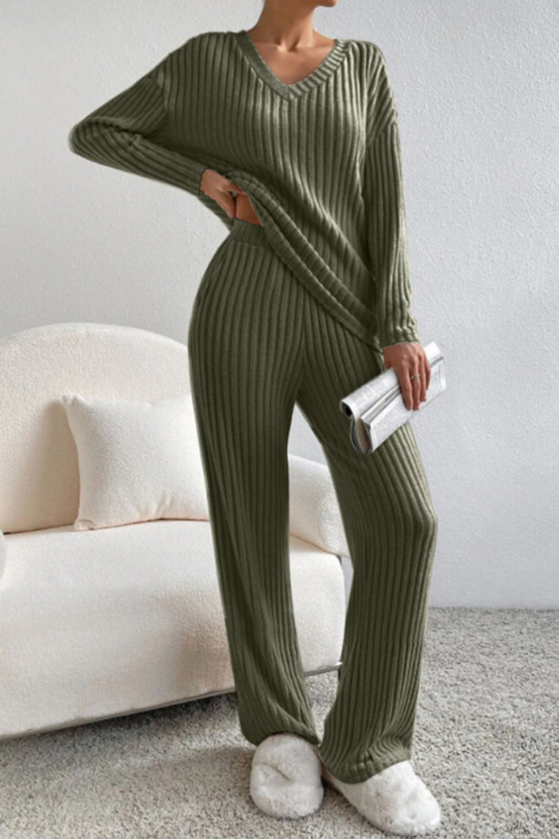 Ribbed V-Neck Pants Set