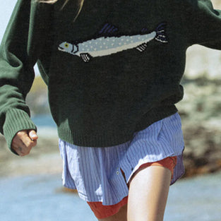 Fish Motif Crewneck Sweater