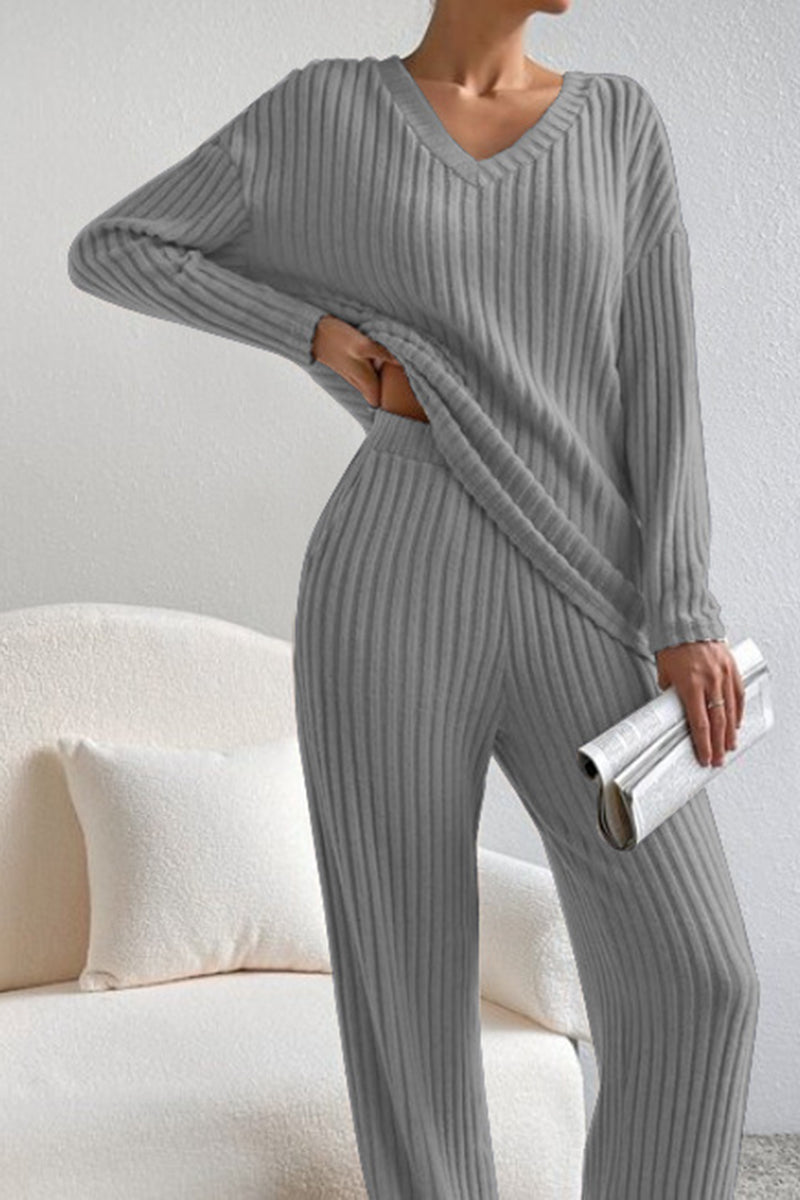 Ribbed V-Neck Pants Set