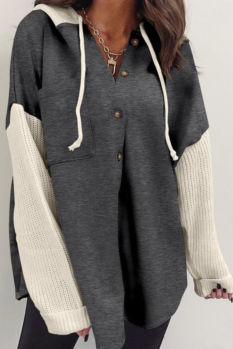 Trendy Button-Up Hoodie Sweatshirt