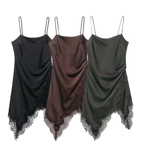 Asymmetric Lace Trim Spaghetti Strap Dress