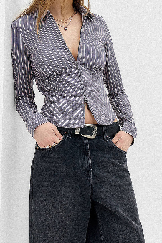 Striped Zip-Up Long Sleeve Blazer