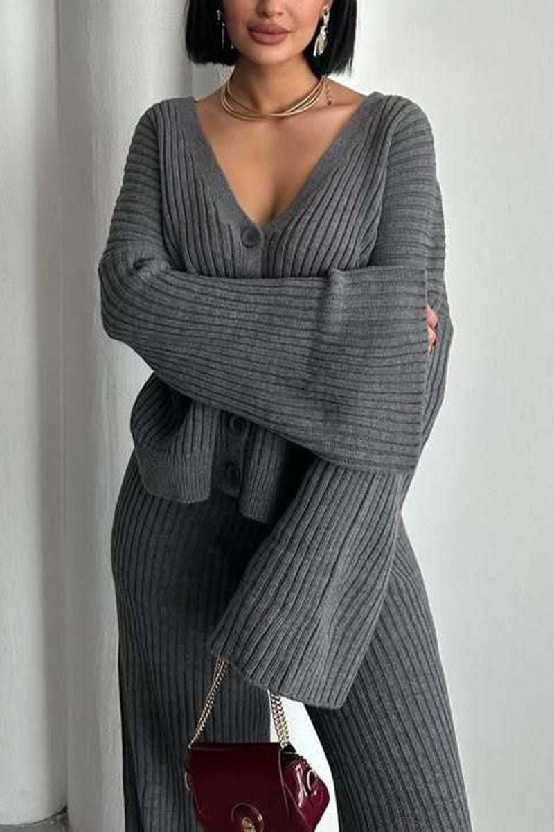 Ribbed Button-Up Pants Set
