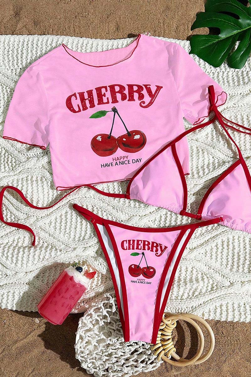 Cherry Print Bikini Set with Cover-Up