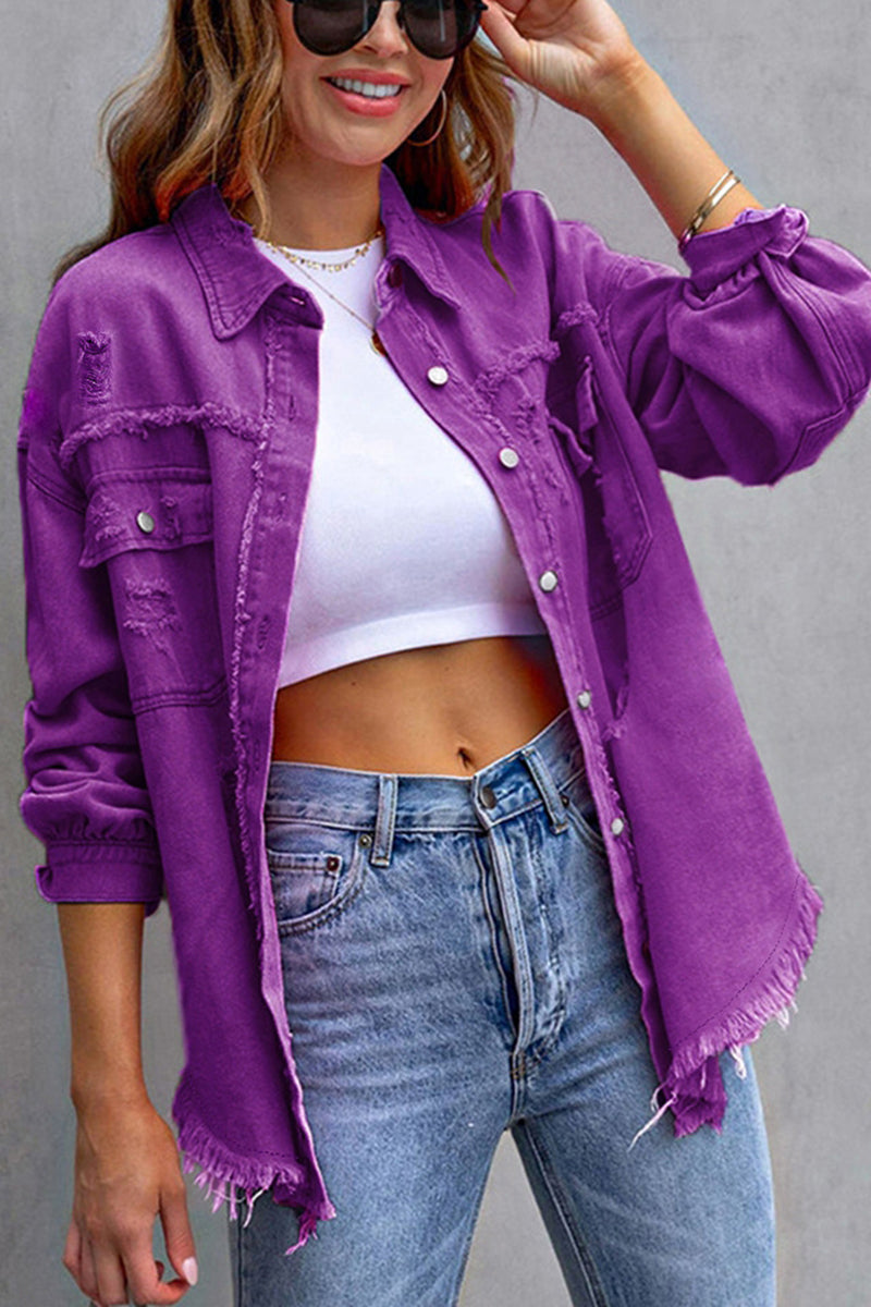 Distressed Denim Jacket with Frayed Hem