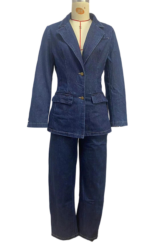 Chic Denim Blazer and Pants Set