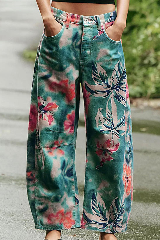 Tropical Pattern Straight Leg Jeans