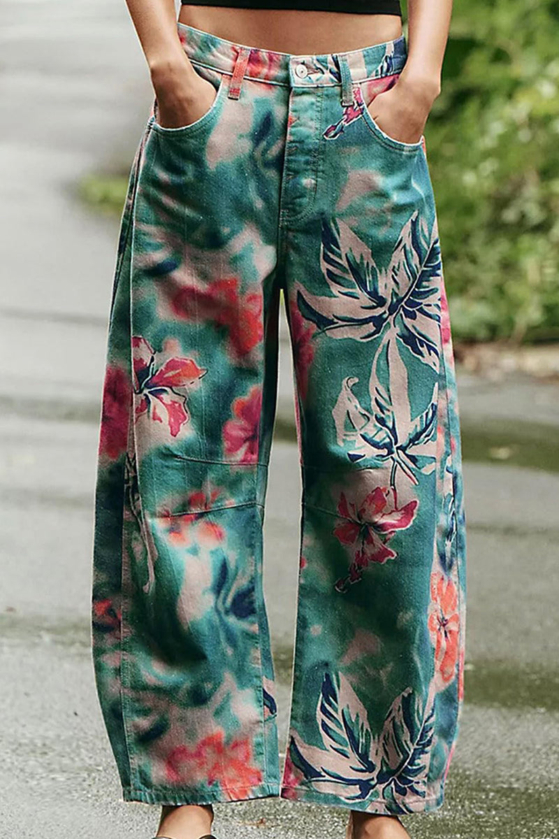 Tropical Pattern Straight Leg Jeans