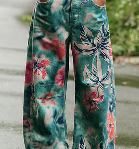Tropical Pattern Straight Leg Jeans