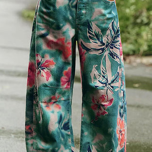 Tropical Pattern Straight Leg Jeans