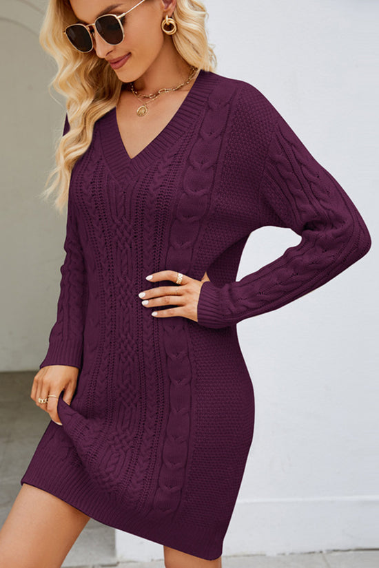 Cable Knit Long Sleeve V-Neck Dress