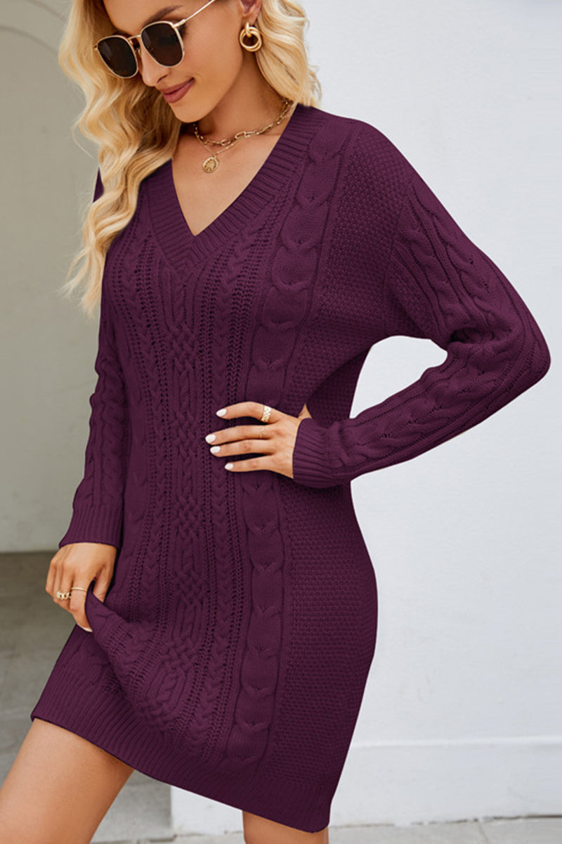 Cable Knit Long Sleeve V-Neck Dress