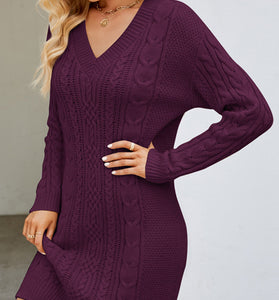 Cable Knit Long Sleeve V-Neck Dress