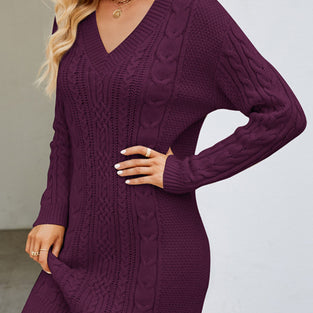 Cable Knit Long Sleeve V-Neck Dress