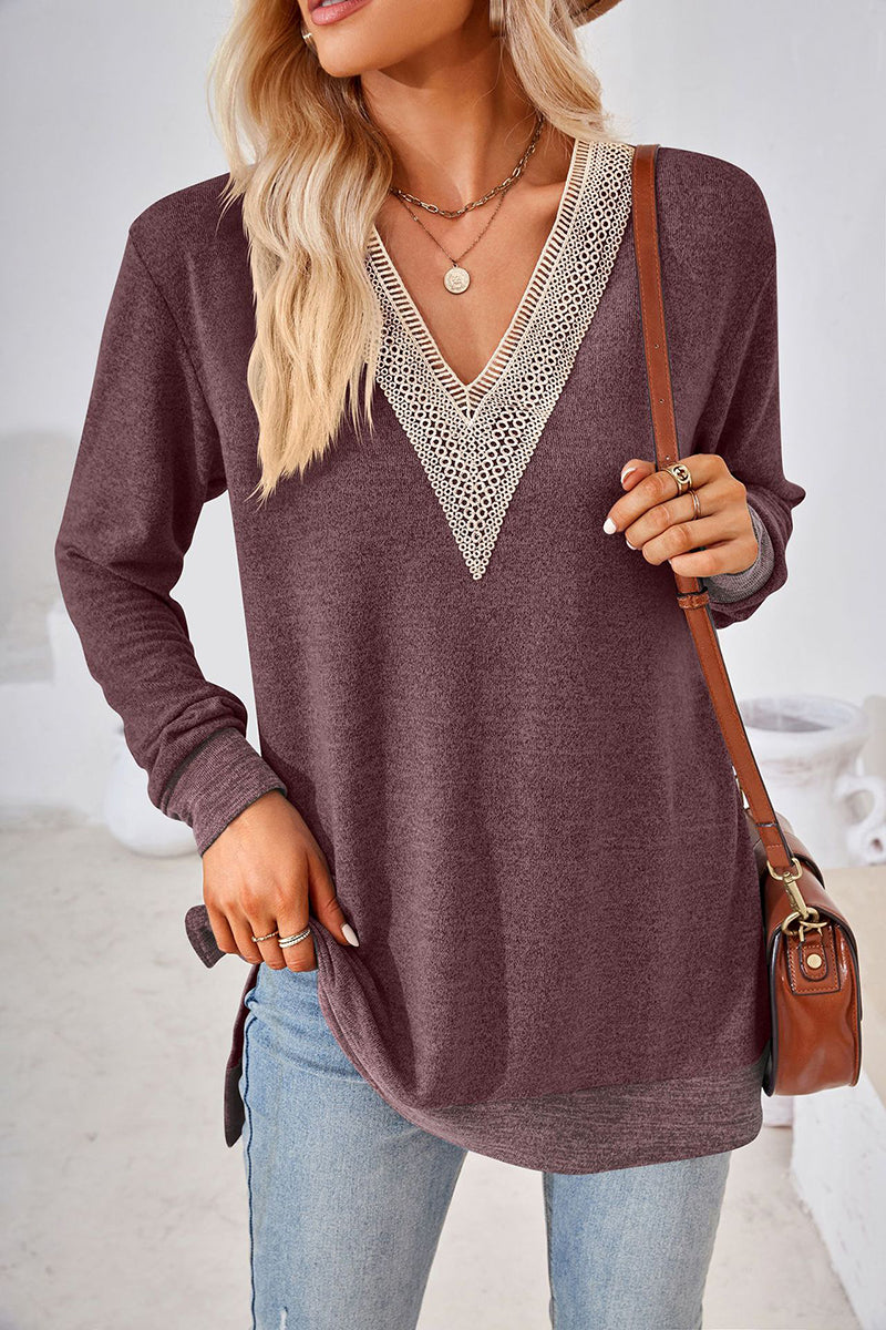 V-Neck Crochet Trim Long Sleeve Top