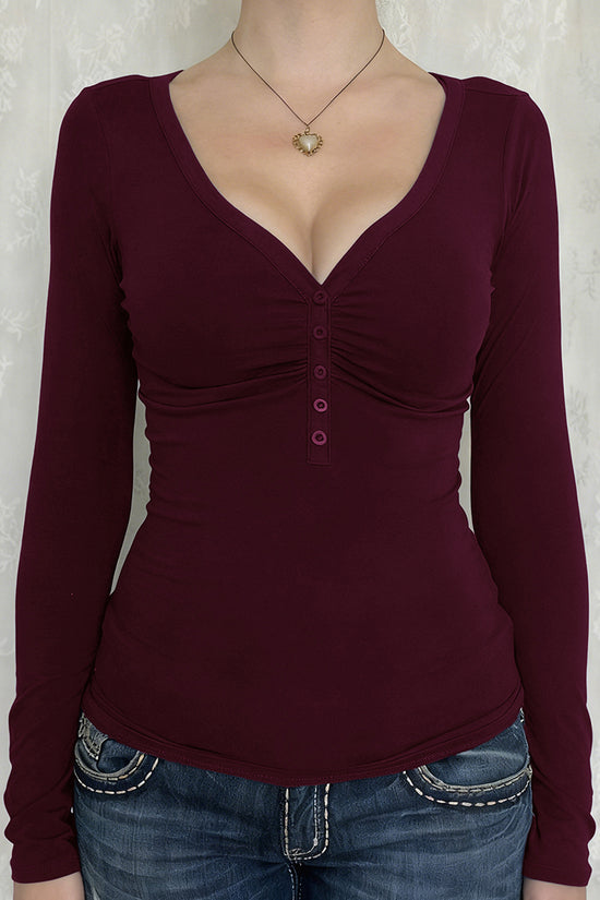 V-Neck Long Sleeve Button T-Shirt