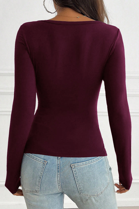 V-Neck Long Sleeve Button T-Shirt