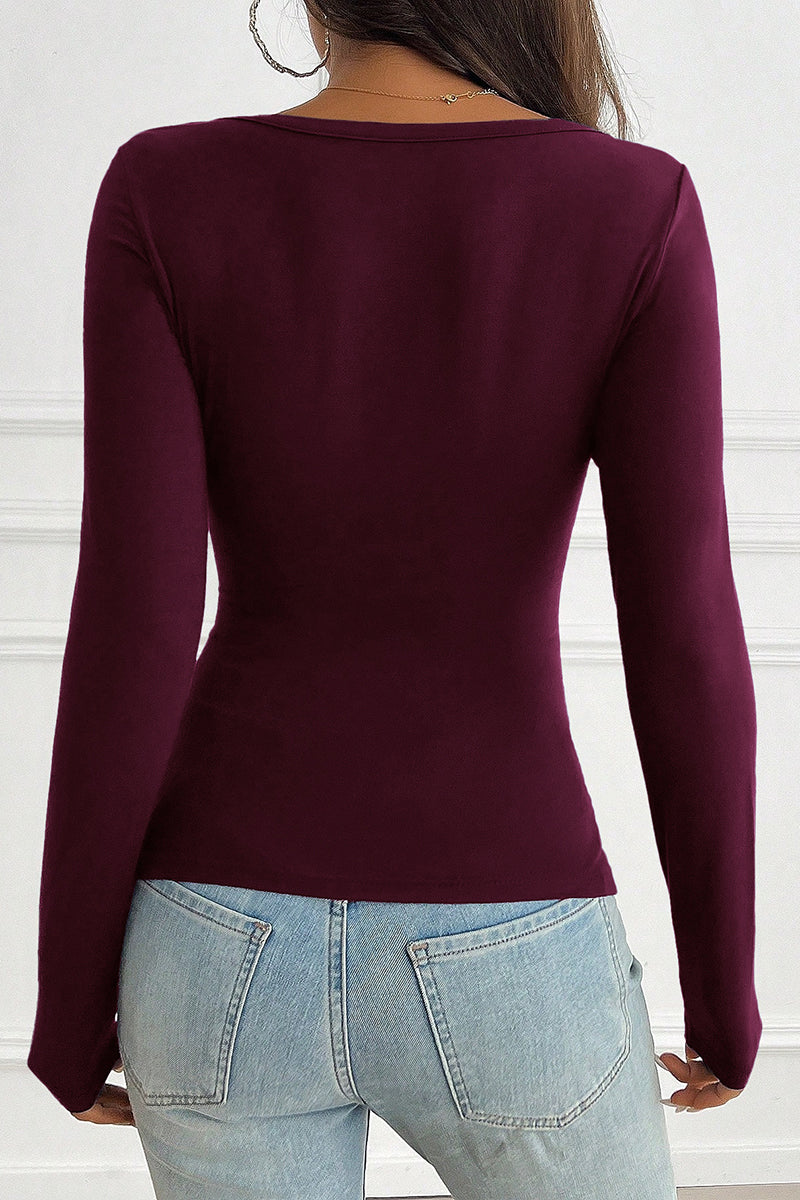 V-Neck Long Sleeve Button T-Shirt