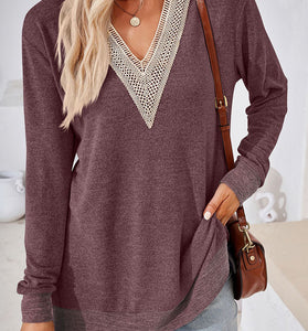 V-Neck Crochet Trim Long Sleeve Top