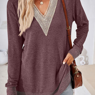 V-Neck Crochet Trim Long Sleeve Top