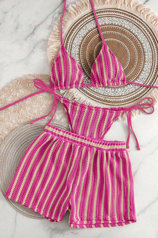 Striped Bikini Set with Stylish Cover-Up