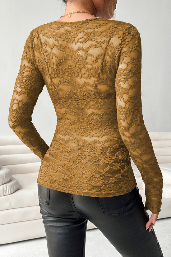 Scalloped Neck Long Sleeve Lace Top