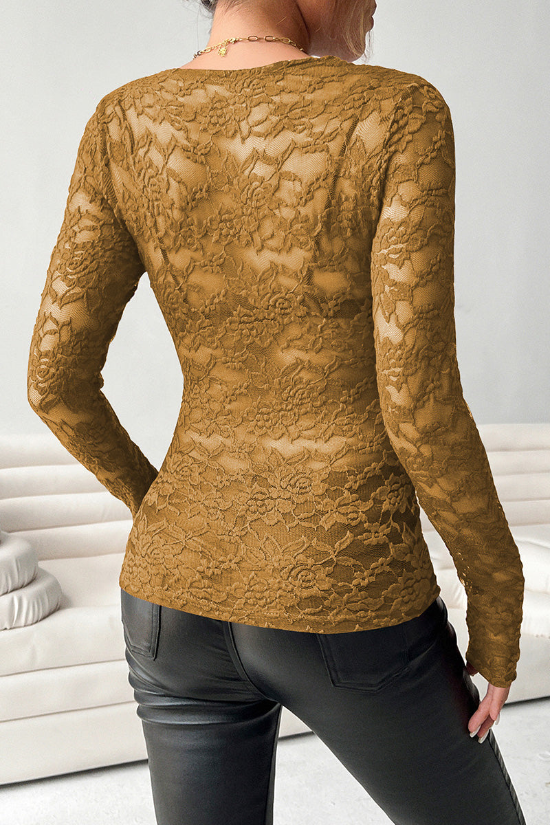 Scalloped Neck Long Sleeve Lace Top