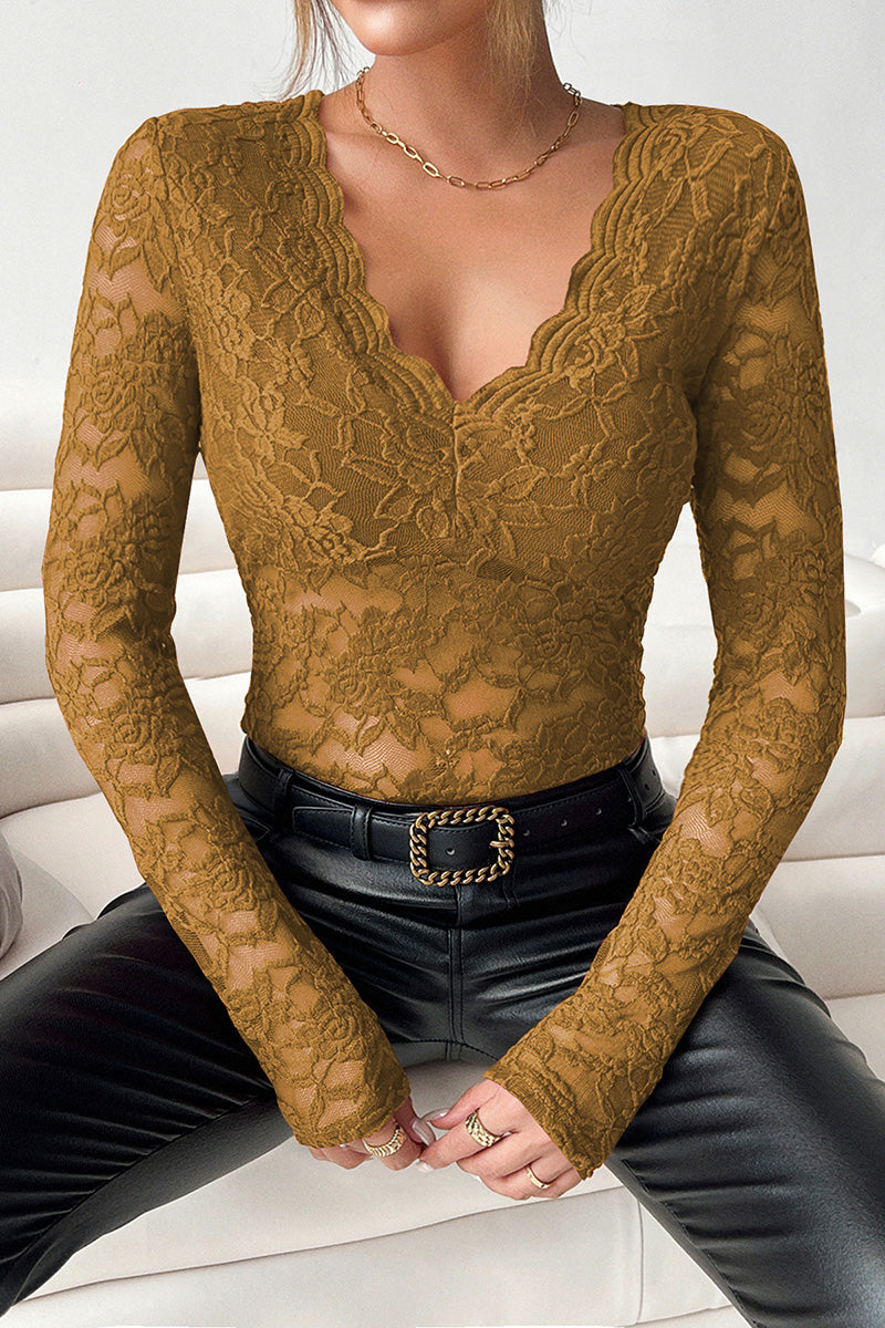 Scalloped Neck Long Sleeve Lace Top