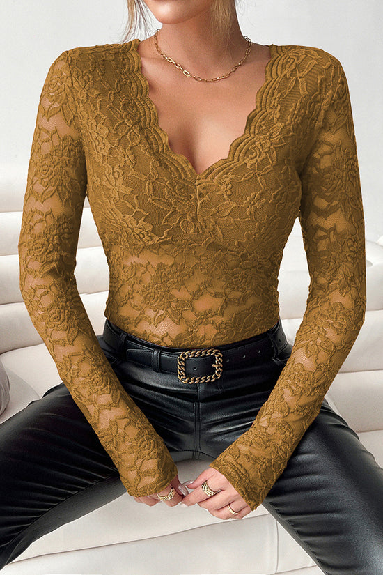 Scalloped Neck Long Sleeve Lace Top