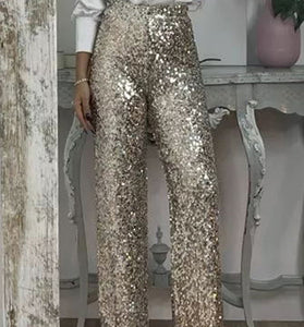 Sparkling Sequin High-Waist Casual Pants