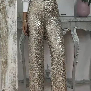 Sparkling Sequin High-Waist Casual Pants