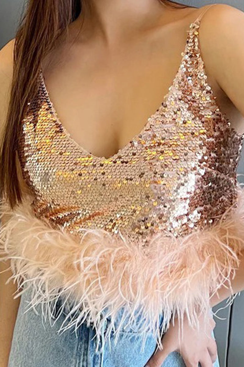 Sparkling Sequin Feather Trim Tank