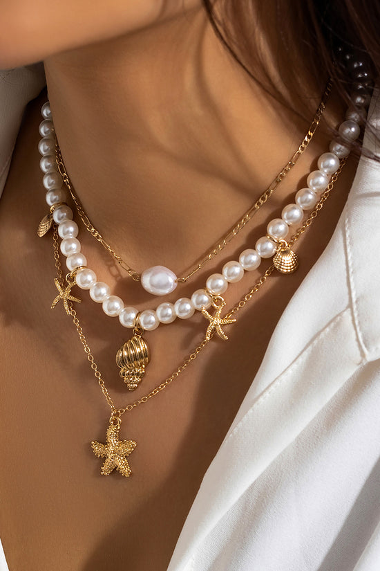 Layered Pearl and Gold Charm Necklace